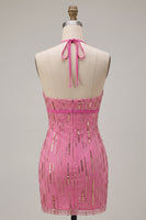 Load image into Gallery viewer, Fuchsia Sparkly Tight Sequin Halter Short Cocktail Dress with Bow