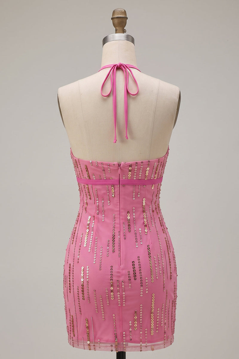 Load image into Gallery viewer, Fuchsia Sparkly Tight Sequin Halter Short Cocktail Dress with Bow
