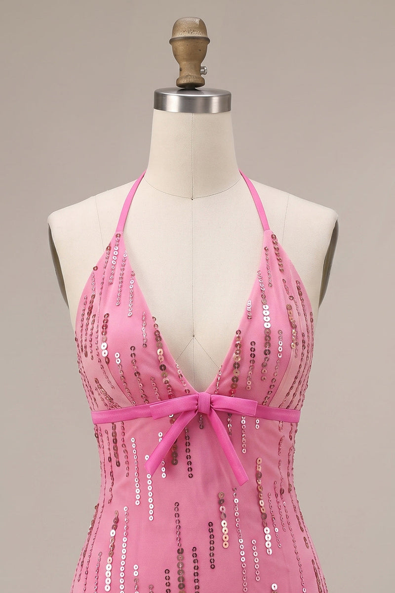 Load image into Gallery viewer, Fuchsia Sparkly Tight Sequin Halter Short Cocktail Dress with Bow