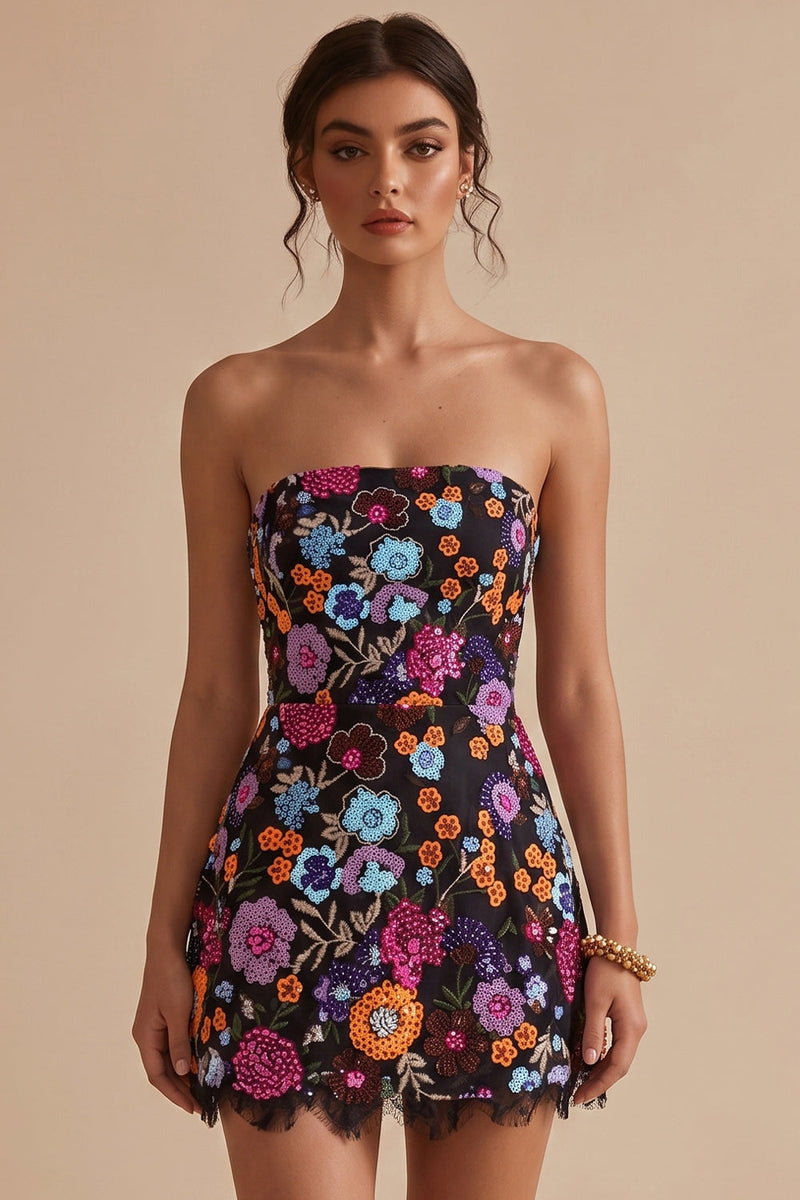 Load image into Gallery viewer, A Line Sparkly Black Sequin Floral Strapless Short Cocktail Dress with Lace
