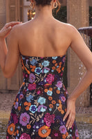 Load image into Gallery viewer, A Line Sparkly Black Sequin Floral Strapless Short Cocktail Dress with Lace