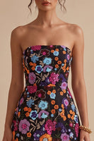 Load image into Gallery viewer, A Line Sparkly Black Sequin Floral Strapless Short Cocktail Dress with Lace