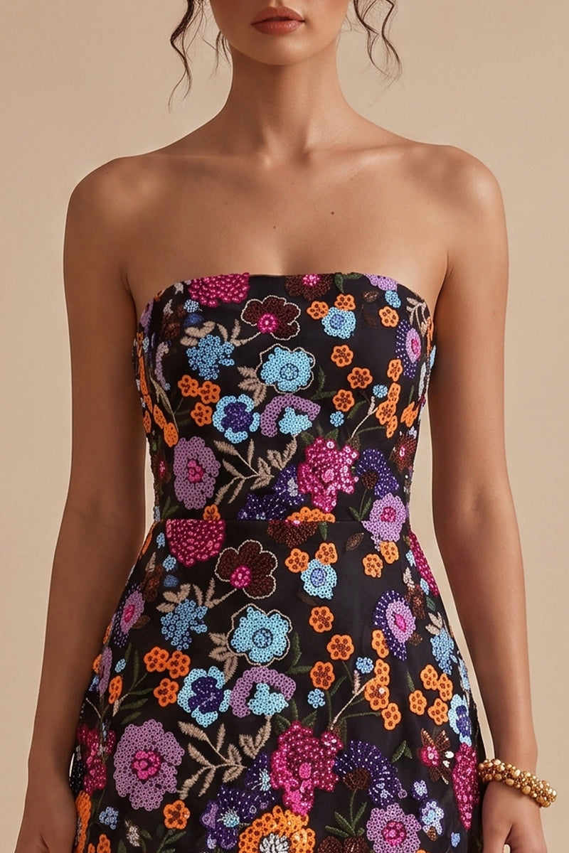 Load image into Gallery viewer, A Line Sparkly Black Sequin Floral Strapless Short Cocktail Dress with Lace