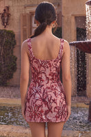 Load image into Gallery viewer, Floral Tight Red Square Neck Sparkly Sequin Short Cocktail Dress with Bows