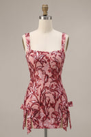 Load image into Gallery viewer, Floral Tight Red Square Neck Sparkly Sequin Short Cocktail Dress with Bows