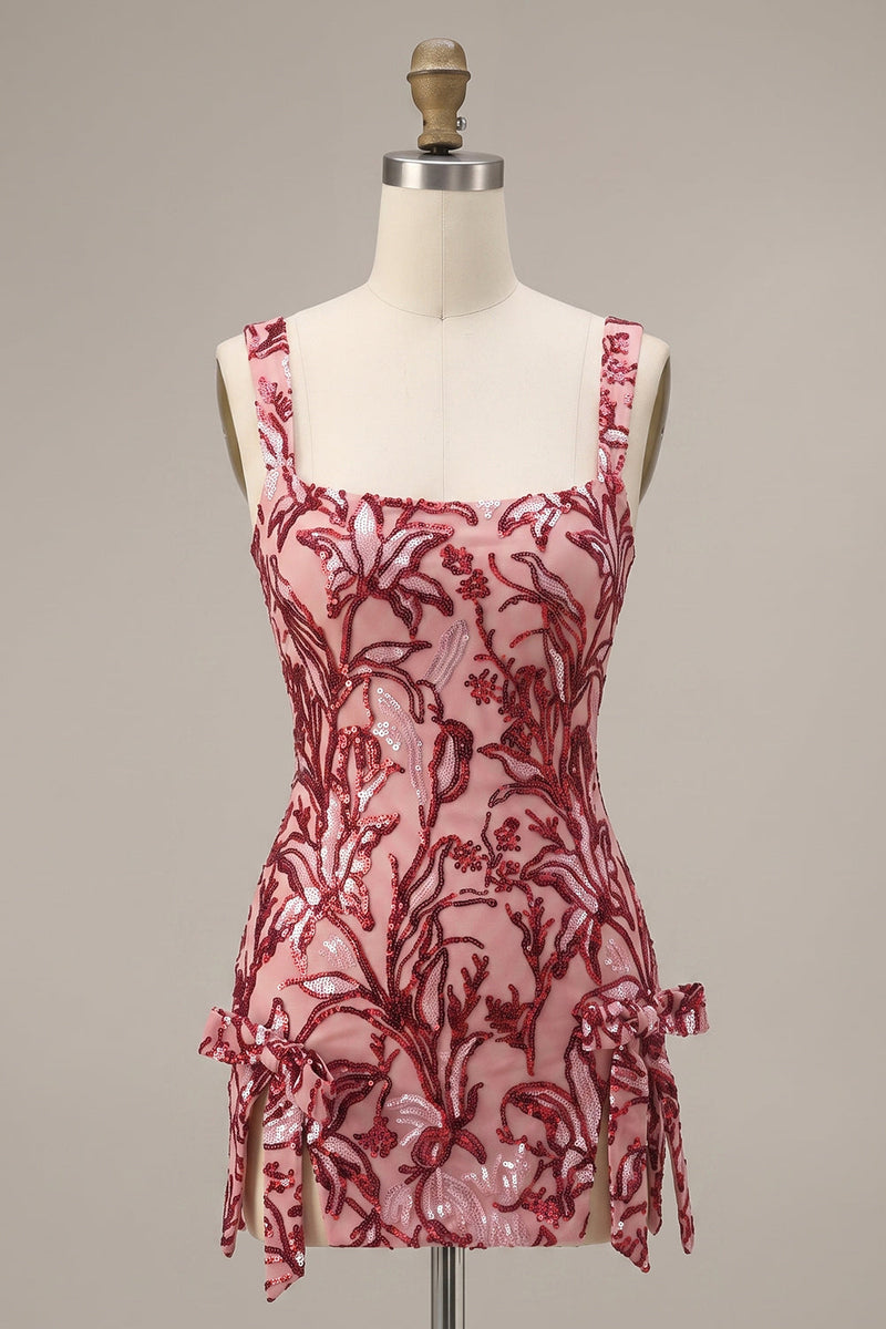 Load image into Gallery viewer, Floral Tight Red Square Neck Sparkly Sequin Short Cocktail Dress with Bows