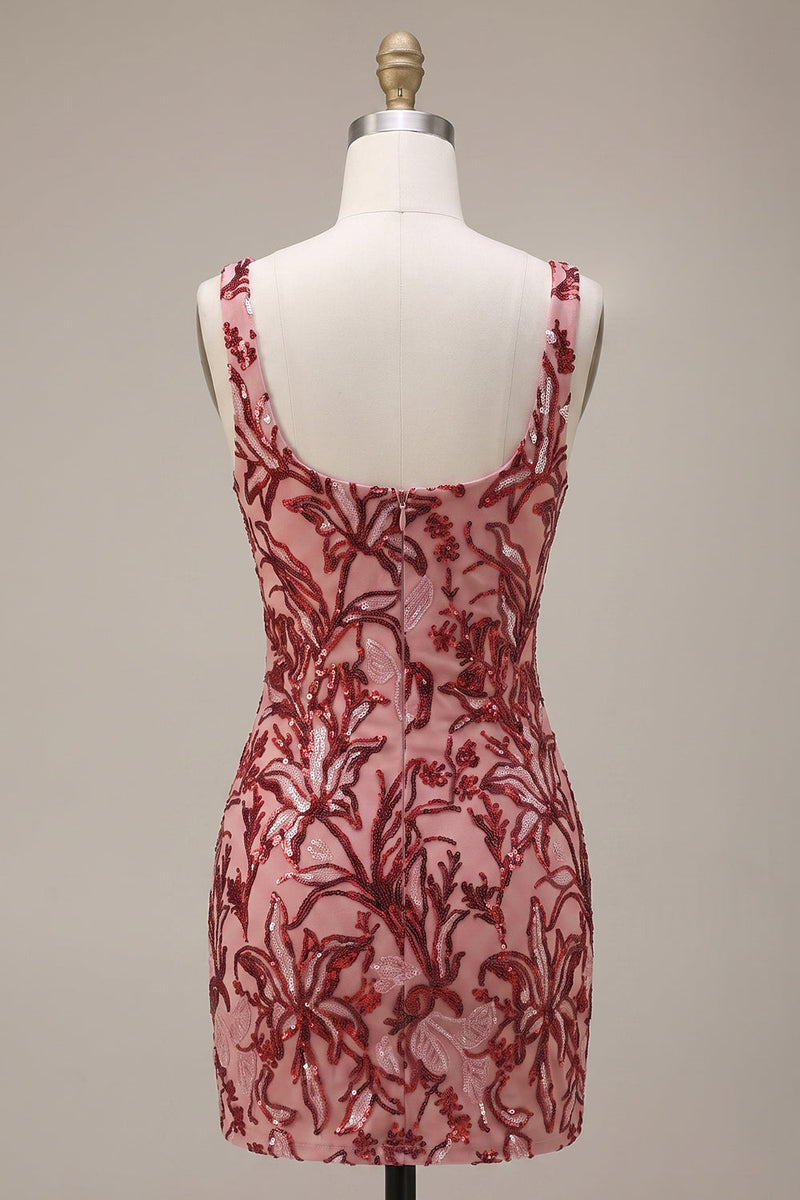 Load image into Gallery viewer, Floral Tight Red Square Neck Sparkly Sequin Short Cocktail Dress with Bows