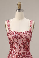 Load image into Gallery viewer, Floral Tight Red Square Neck Sparkly Sequin Short Cocktail Dress with Bows