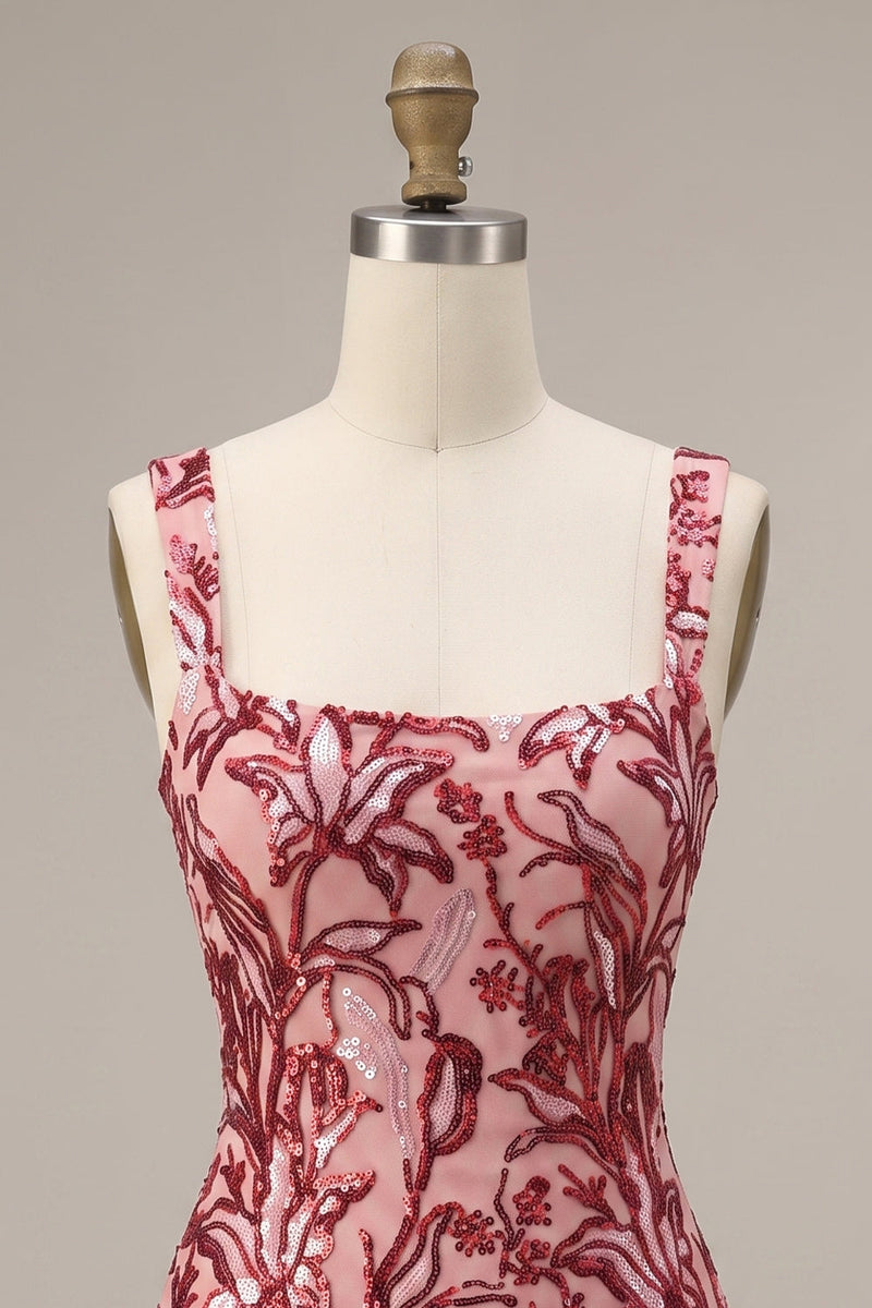 Load image into Gallery viewer, Floral Tight Red Square Neck Sparkly Sequin Short Cocktail Dress with Bows