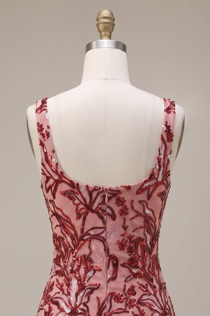 Load image into Gallery viewer, Floral Tight Red Square Neck Sparkly Sequin Short Cocktail Dress with Bows