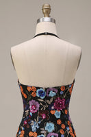 Load image into Gallery viewer, Sparkly Floral Black Sequin Halter Bodycon Short Cocktail Dress