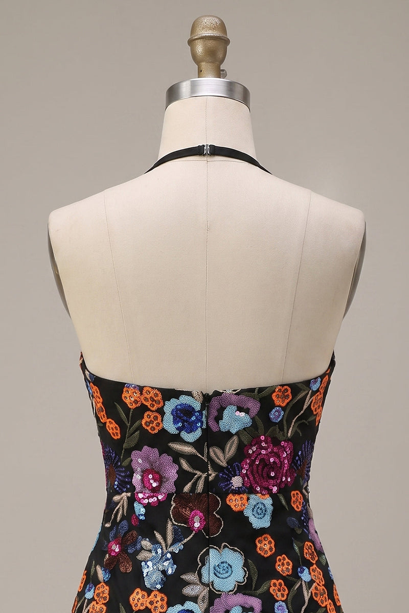 Load image into Gallery viewer, Sparkly Floral Black Sequin Halter Bodycon Short Cocktail Dress