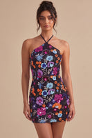 Load image into Gallery viewer, Sparkly Floral Black Sequin Halter Bodycon Short Cocktail Dress