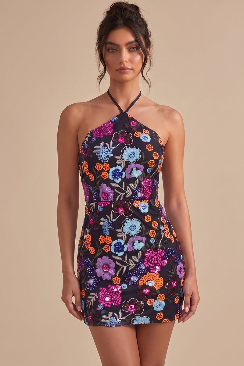 Load image into Gallery viewer, Sparkly Floral Black Sequin Halter Bodycon Short Cocktail Dress