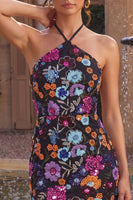 Load image into Gallery viewer, Sparkly Floral Black Sequin Halter Bodycon Short Cocktail Dress