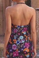 Load image into Gallery viewer, Sparkly Floral Black Sequin Halter Bodycon Short Cocktail Dress