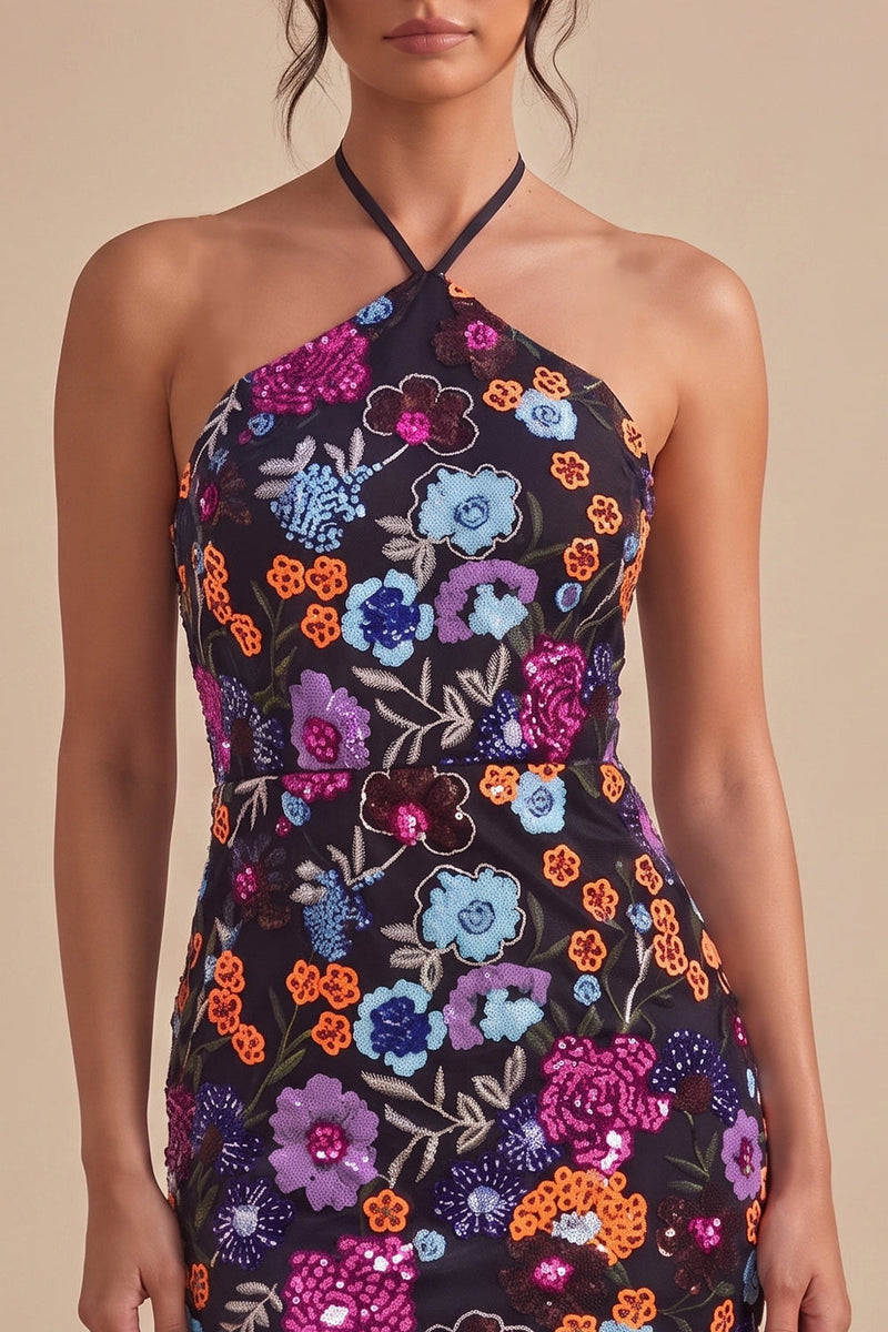Load image into Gallery viewer, Sparkly Floral Black Sequin Halter Bodycon Short Cocktail Dress