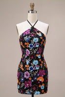 Load image into Gallery viewer, Sparkly Floral Black Sequin Halter Bodycon Short Cocktail Dress