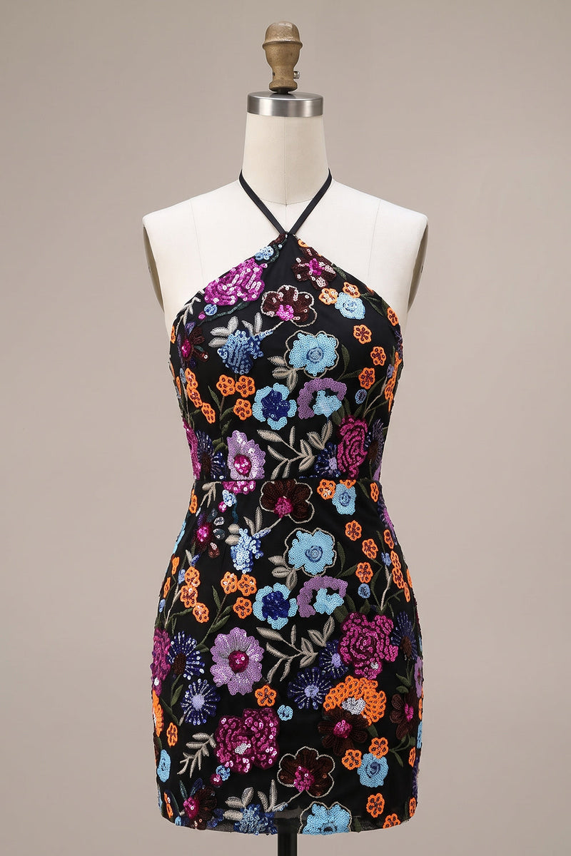 Load image into Gallery viewer, Sparkly Floral Black Sequin Halter Bodycon Short Cocktail Dress