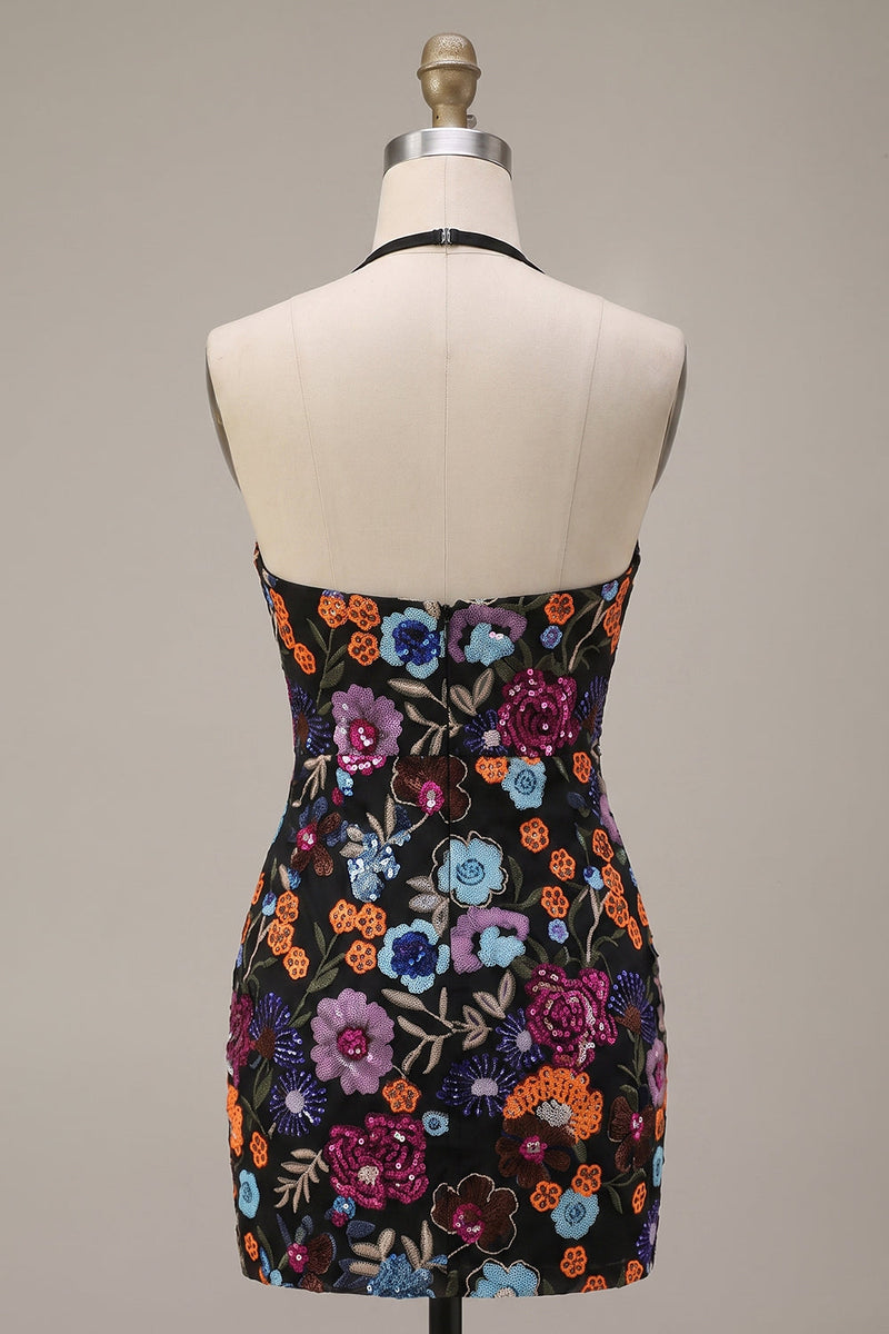 Load image into Gallery viewer, Sparkly Floral Black Sequin Halter Bodycon Short Cocktail Dress