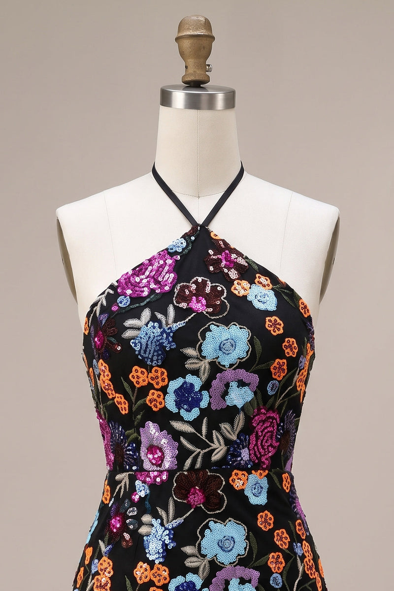 Load image into Gallery viewer, Sparkly Floral Black Sequin Halter Bodycon Short Cocktail Dress