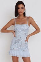 Load image into Gallery viewer, Sky Blue Ruffled Tiered Sparkly Tight Floral Short Cocktail Dress with Sequins