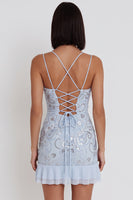 Load image into Gallery viewer, Sky Blue Ruffled Tiered Sparkly Tight Floral Short Cocktail Dress with Sequins
