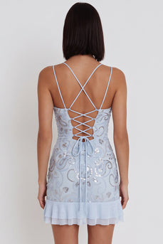 Sky Blue Ruffled Tiered Sparkly Tight Floral Short Cocktail Dress with Sequins