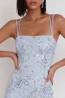 Load image into Gallery viewer, Sky Blue Ruffled Tiered Sparkly Tight Floral Short Cocktail Dress with Sequins