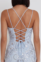 Load image into Gallery viewer, Sky Blue Ruffled Tiered Sparkly Tight Floral Short Cocktail Dress with Sequins
