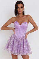 Load image into Gallery viewer, Sparkly Lilac A Line Satin Corset Floral Short Cocktail Dress with Sequins