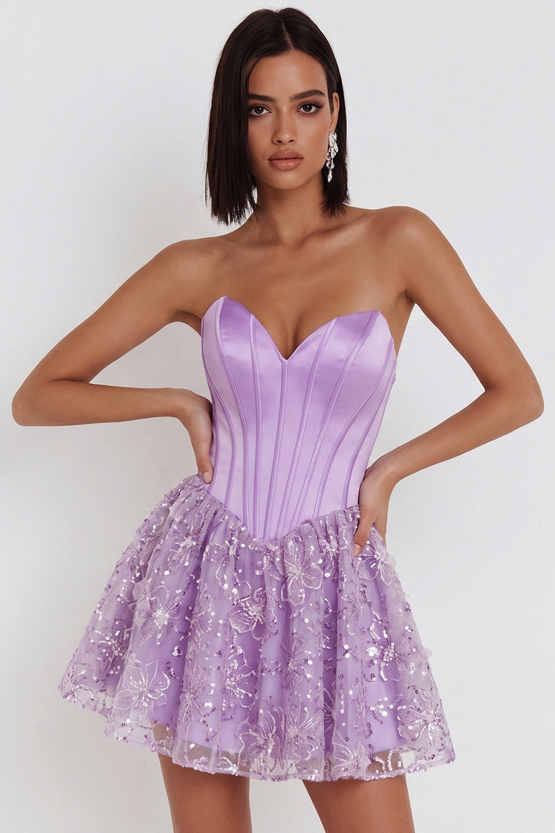 Load image into Gallery viewer, Sparkly Lilac A Line Satin Corset Floral Short Cocktail Dress with Sequins