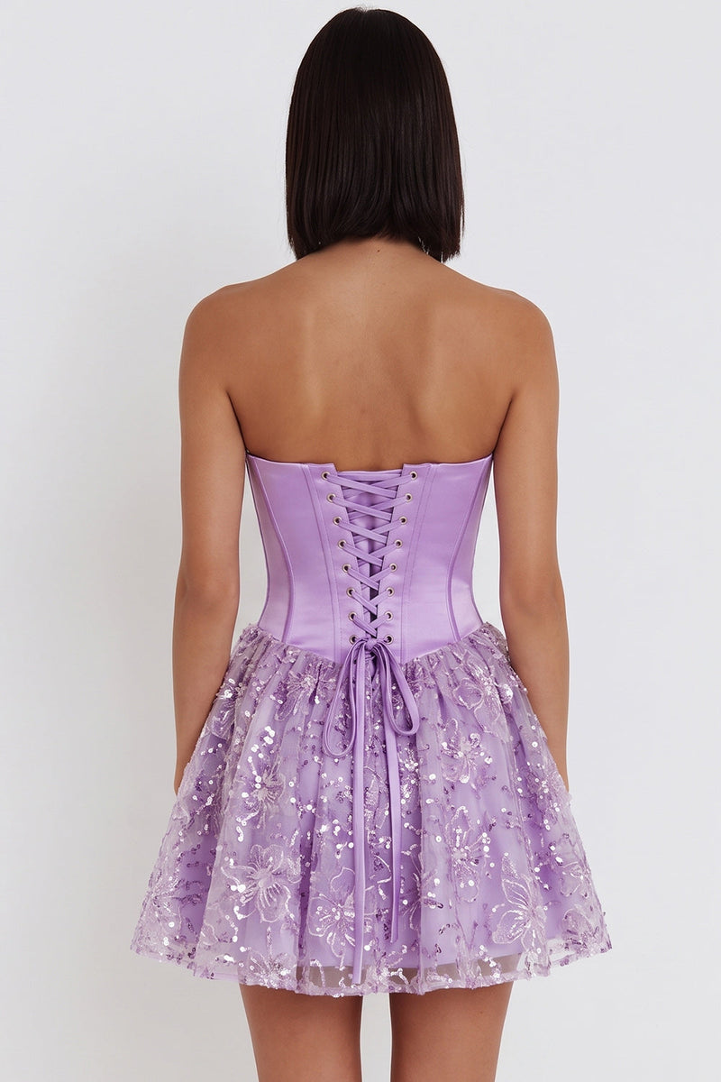Load image into Gallery viewer, Sparkly Lilac A Line Satin Corset Floral Short Cocktail Dress with Sequins