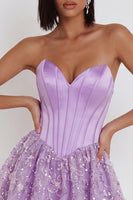 Load image into Gallery viewer, Sparkly Lilac A Line Satin Corset Floral Short Cocktail Dress with Sequins