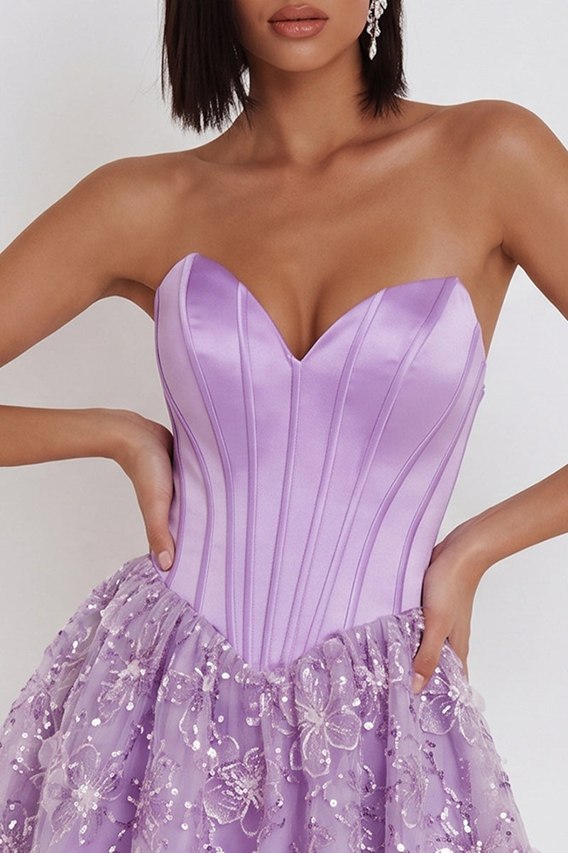 Load image into Gallery viewer, Sparkly Lilac A Line Satin Corset Floral Short Cocktail Dress with Sequins