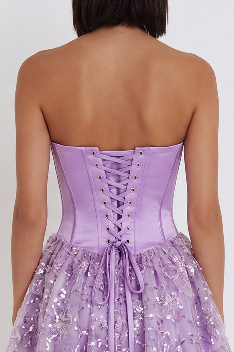 Load image into Gallery viewer, Sparkly Lilac A Line Satin Corset Floral Short Cocktail Dress with Sequins