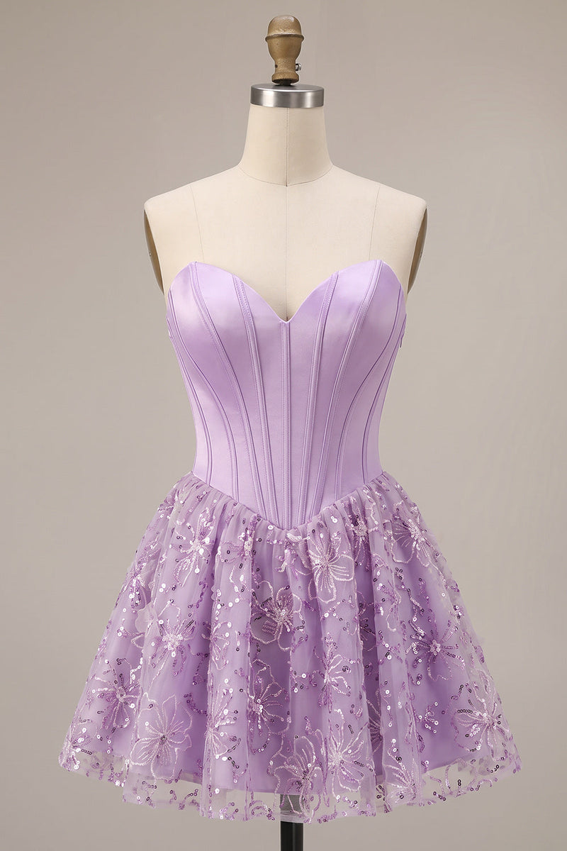 Load image into Gallery viewer, Sparkly Lilac A Line Satin Corset Floral Short Cocktail Dress with Sequins