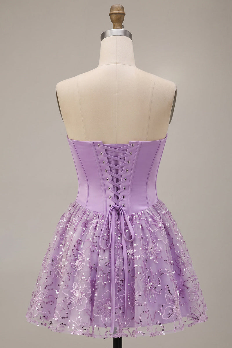Load image into Gallery viewer, Sparkly Lilac A Line Satin Corset Floral Short Cocktail Dress with Sequins