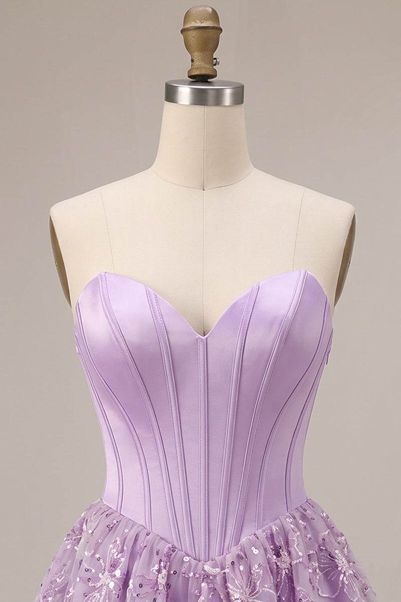 Load image into Gallery viewer, Sparkly Lilac A Line Satin Corset Floral Short Cocktail Dress with Sequins