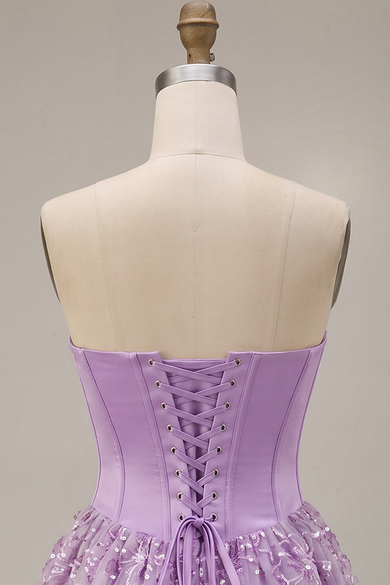 Load image into Gallery viewer, Sparkly Lilac A Line Satin Corset Floral Short Cocktail Dress with Sequins