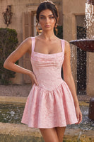 Load image into Gallery viewer, Jacquard Pink Ruched A Line Thick Straps Short Cocktail Dress