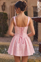 Load image into Gallery viewer, Jacquard Pink Ruched A Line Thick Straps Short Cocktail Dress