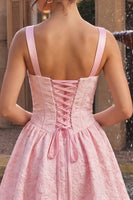 Load image into Gallery viewer, Jacquard Pink Ruched A Line Thick Straps Short Cocktail Dress