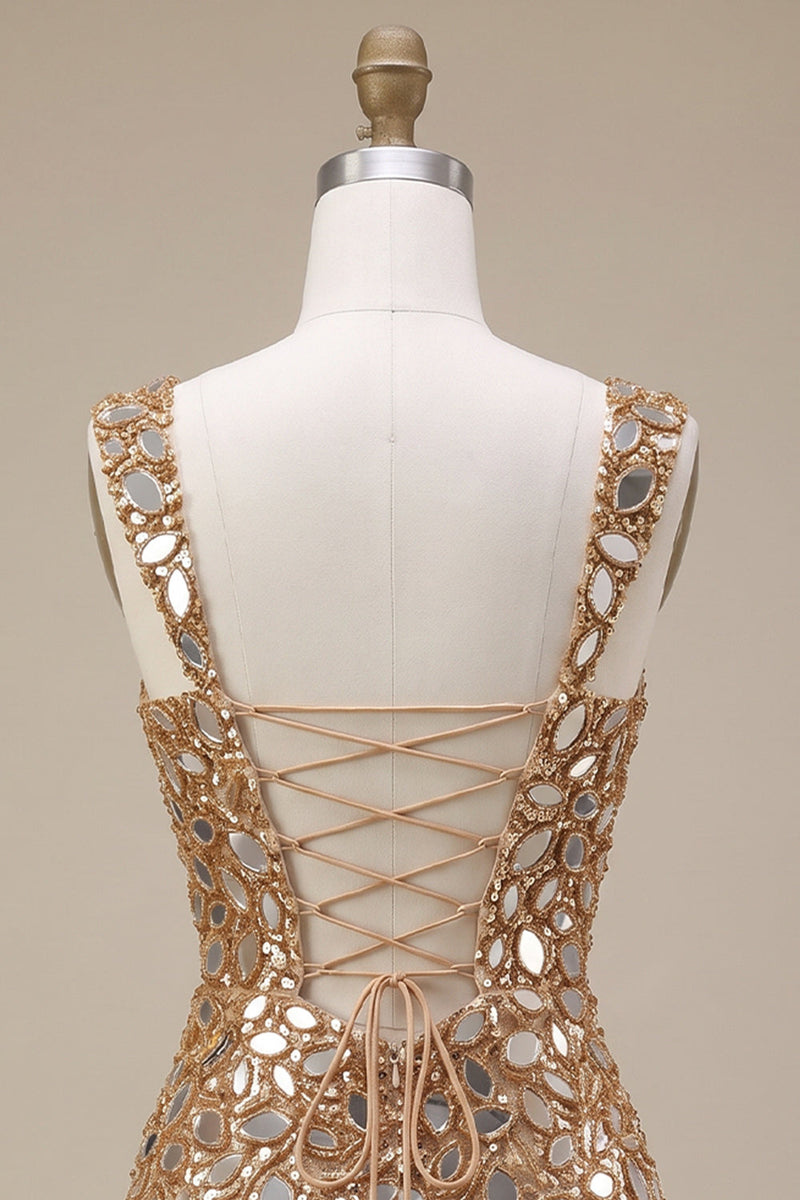 Load image into Gallery viewer, Gold Sparkly Tight Sequin Short Cocktail Dress with Mirror
