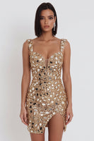 Load image into Gallery viewer, Gold Sparkly Tight Sequin Short Cocktail Dress with Mirror