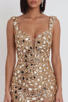 Load image into Gallery viewer, Gold Sparkly Tight Sequin Short Cocktail Dress with Mirror