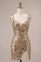 Load image into Gallery viewer, Gold Sparkly Tight Sequin Short Cocktail Dress with Mirror