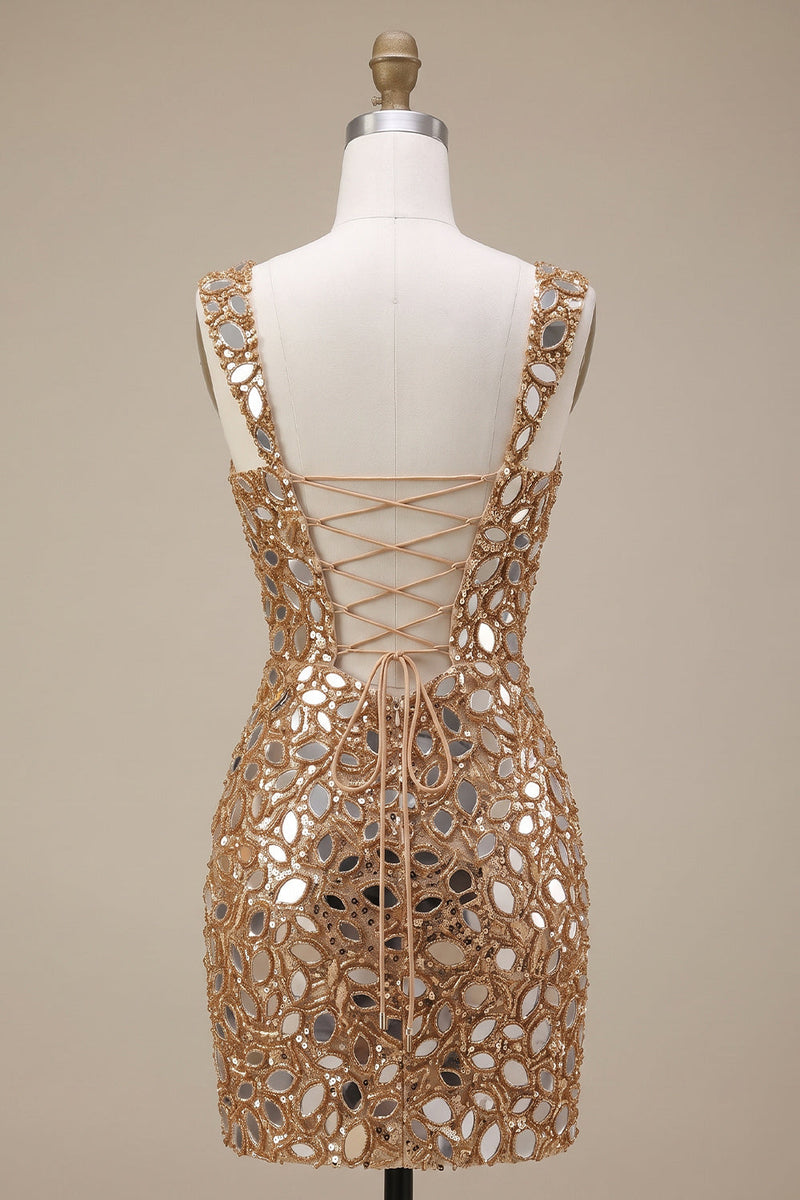Load image into Gallery viewer, Gold Sparkly Tight Sequin Short Cocktail Dress with Mirror