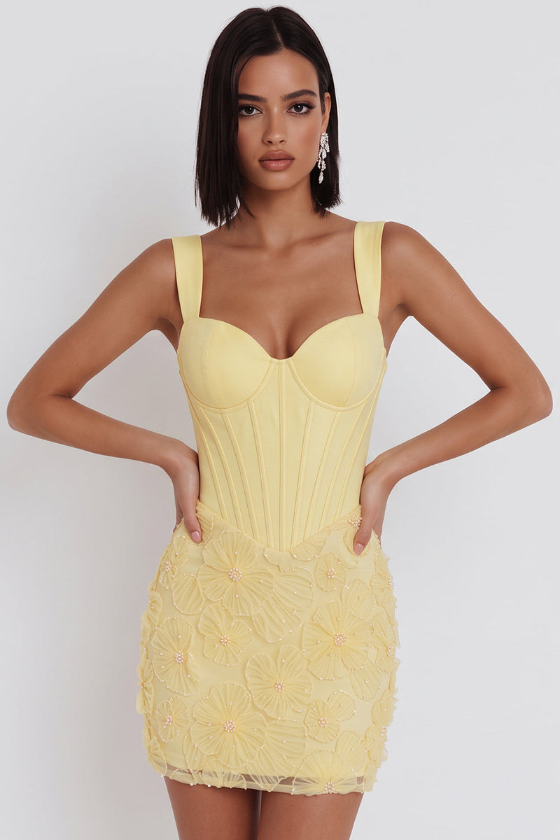 Load image into Gallery viewer, Corset Light Yellow Bodycon Floral Sparkly Short Cocktail Dress with Beading