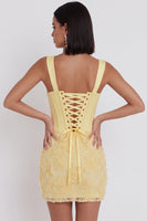Load image into Gallery viewer, Corset Light Yellow Bodycon Floral Sparkly Short Cocktail Dress with Beading